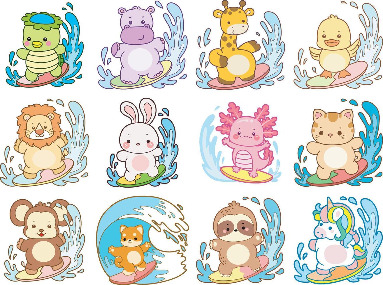Cute surfing animals enjoying ocean waves vector