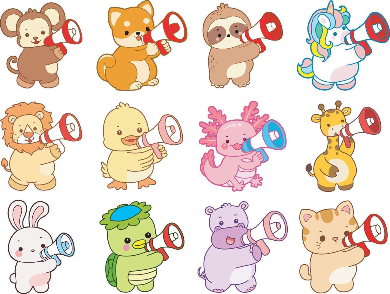 Colorful cartoon animals with megaphones vector