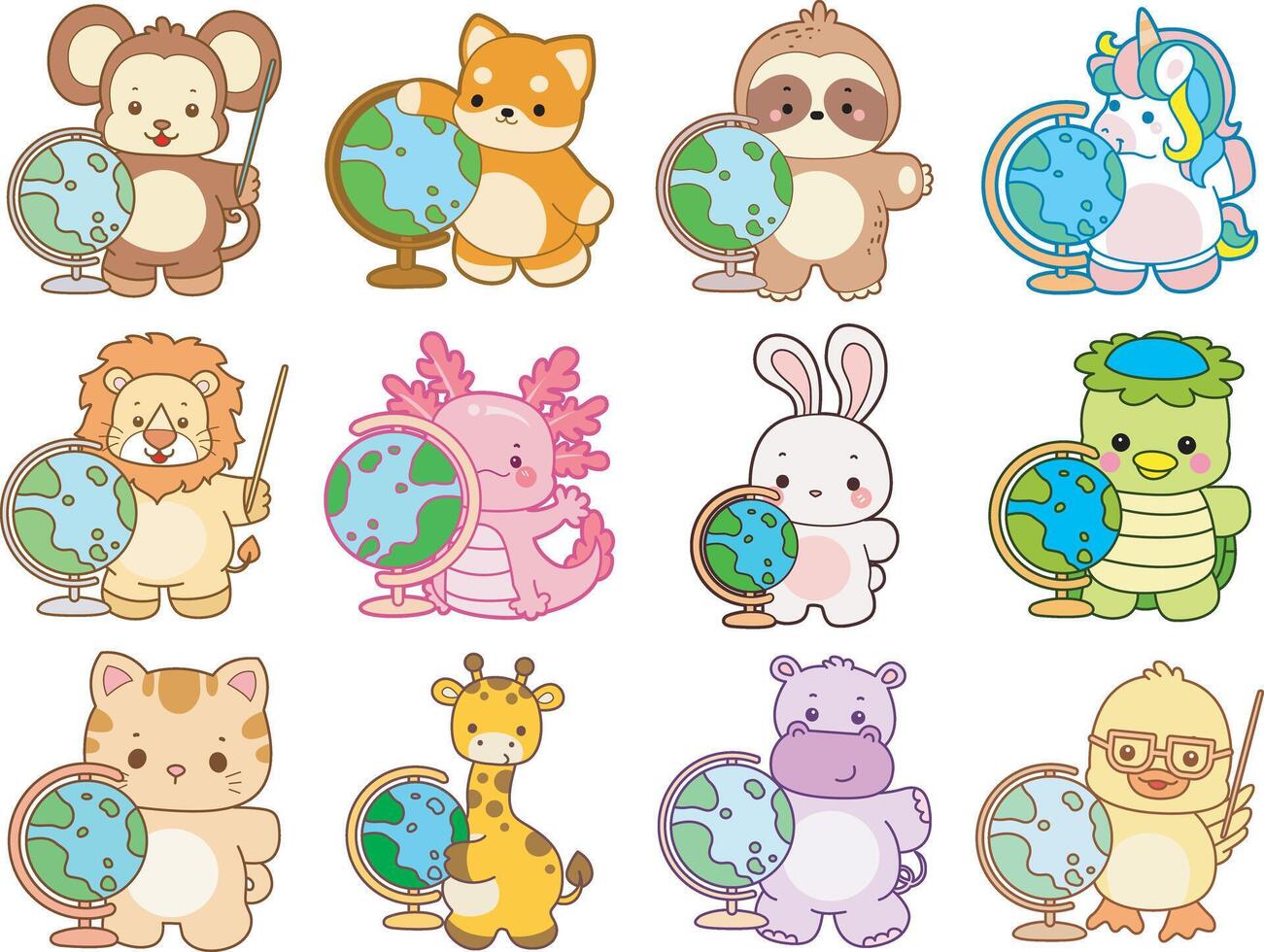 Cartoon animals with globes vector