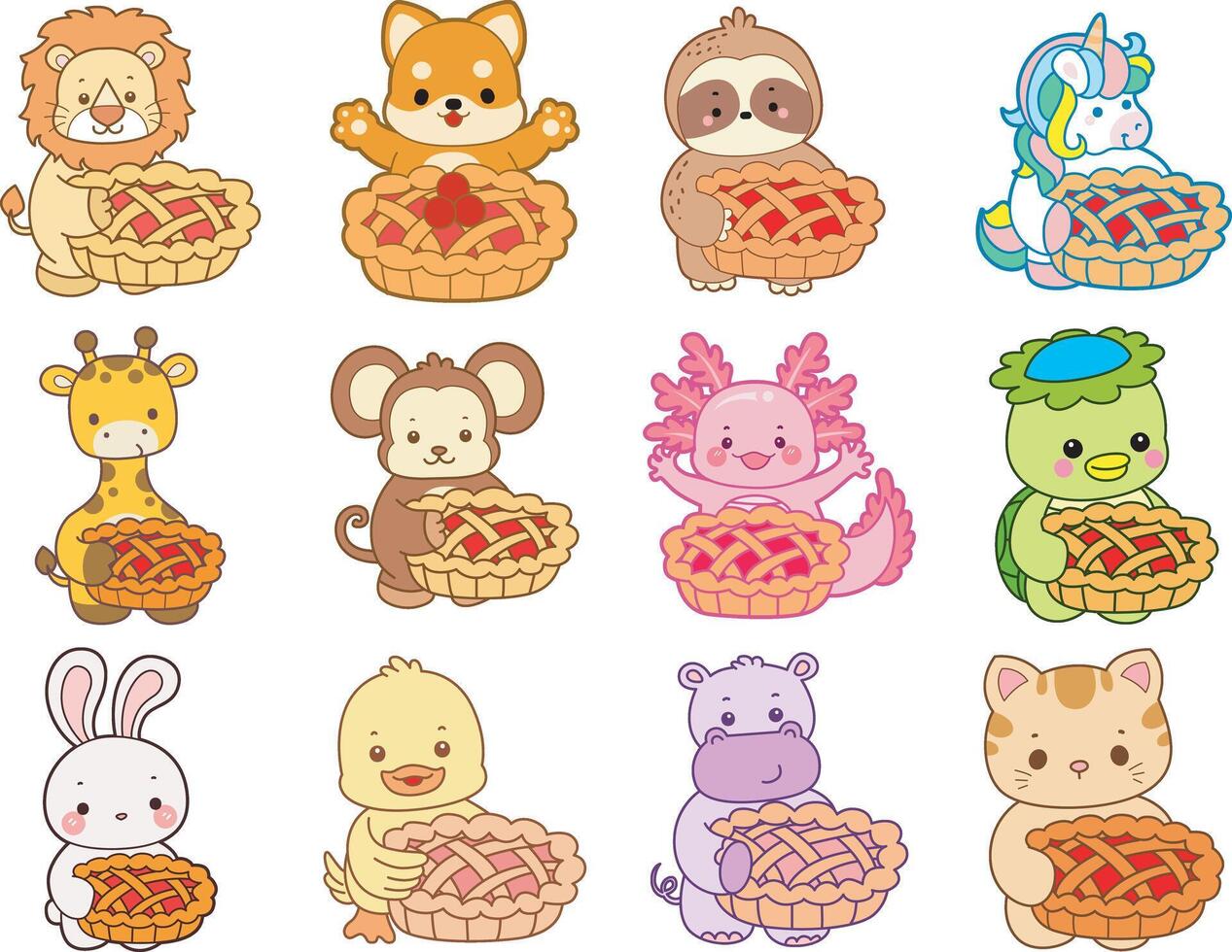 Cute animals with pies illustration vector