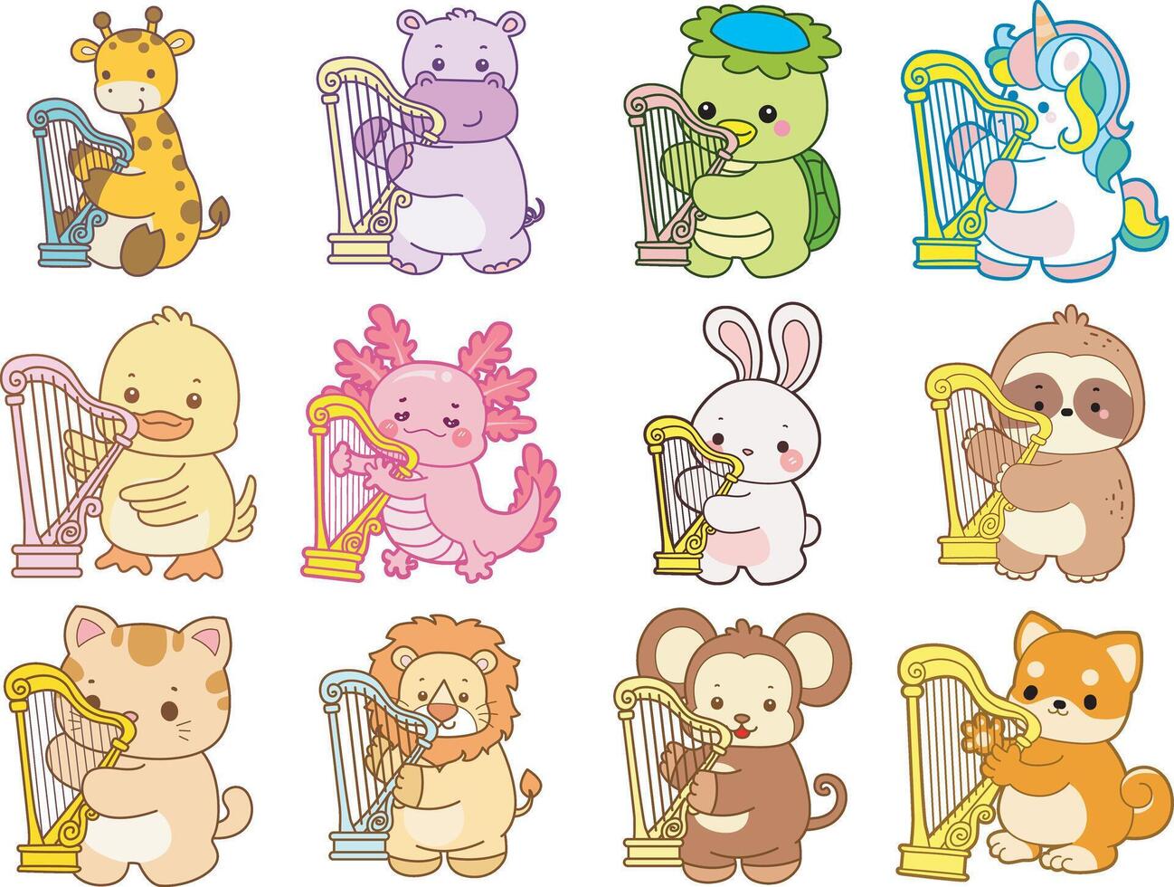 Cartoon animals playing harps together vector
