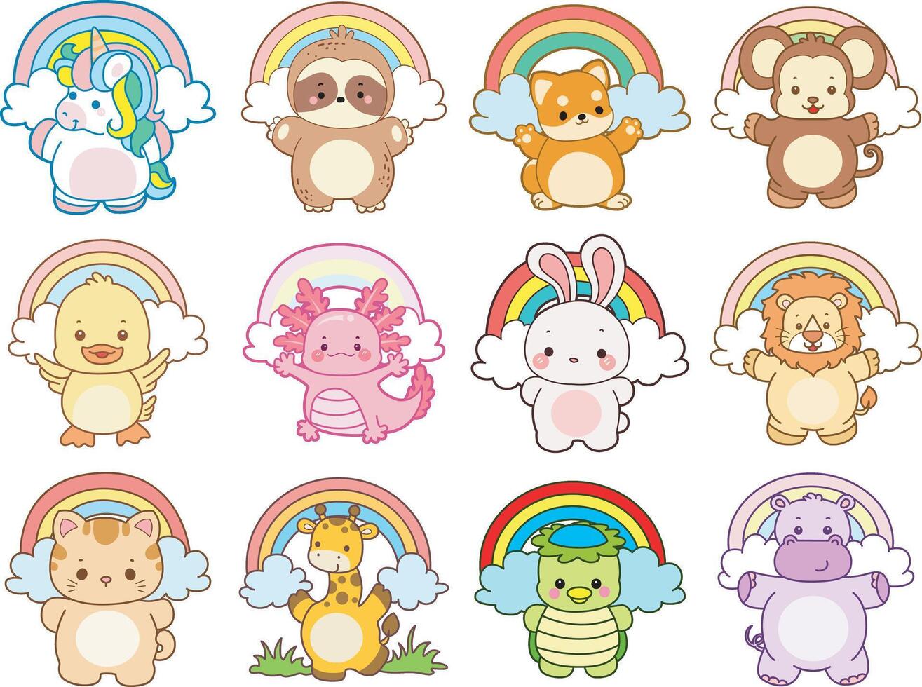 Colorful animals with rainbows background vector