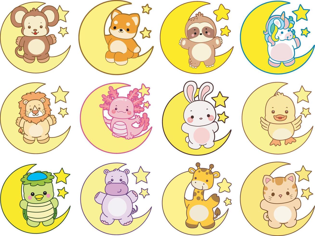 Cute animals on moon and stars vector