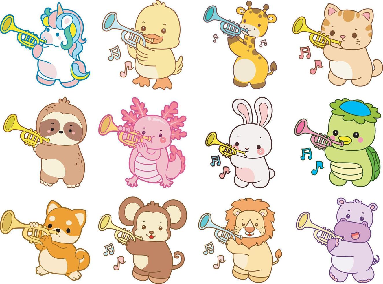 colorful animals playing trumpets together vector