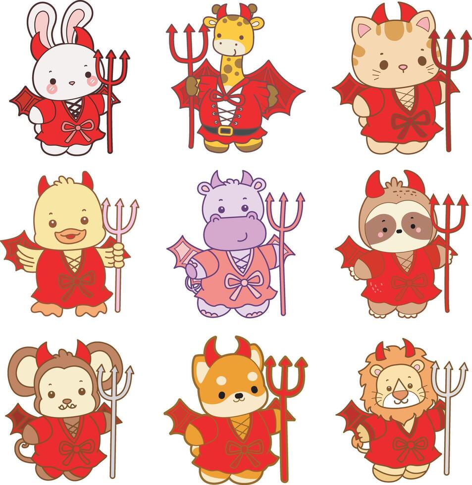 Cartoon animals in devil costumes for Halloween vector