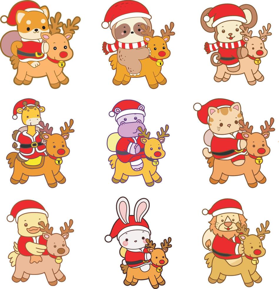 Adorable animals riding reindeer in Santa hats vector