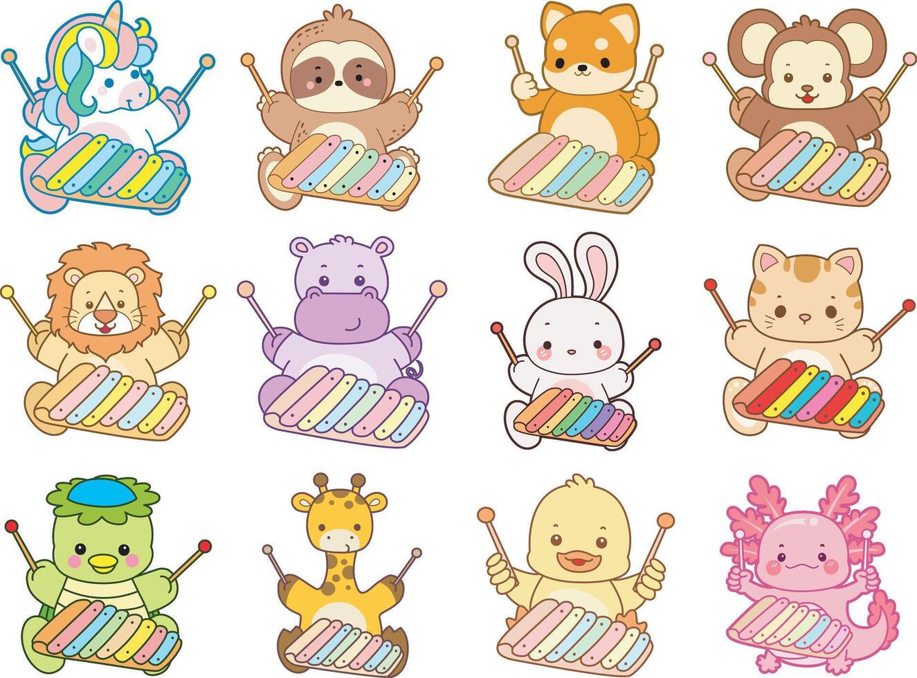 Cartoon animals playing xylophones together vector