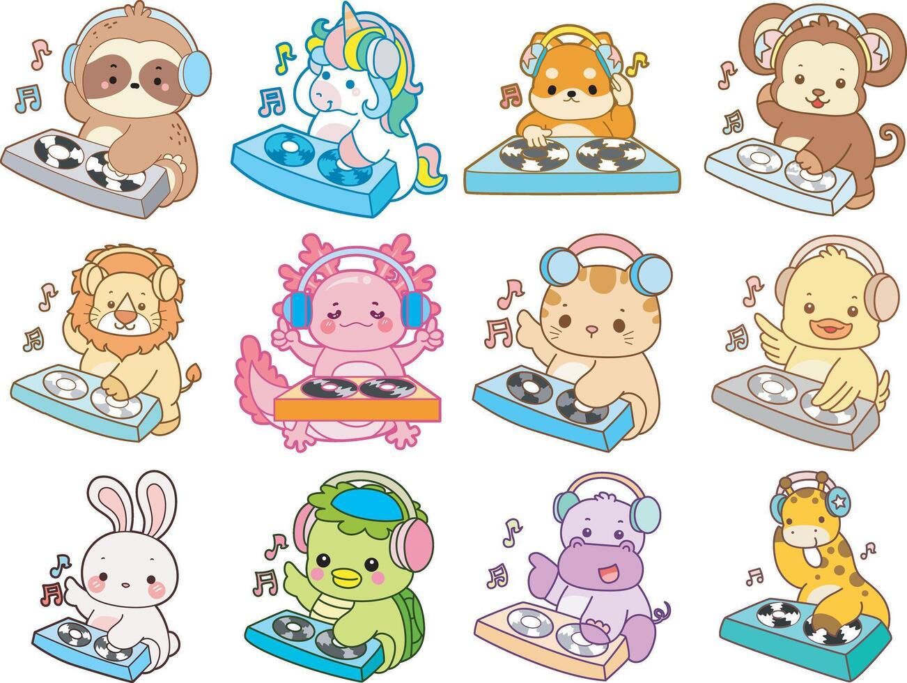 Cute animals DJing with music vector