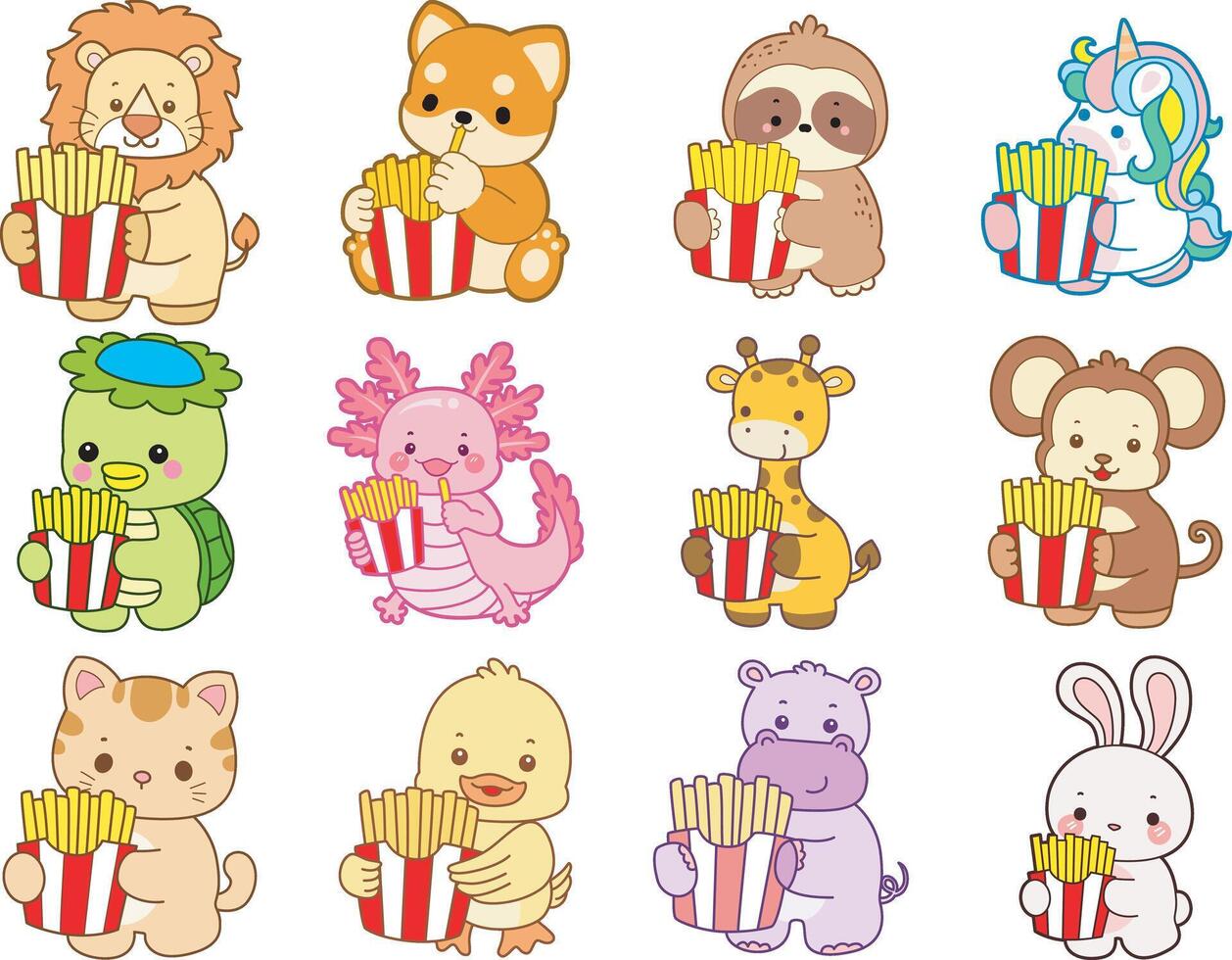 Cute animals with popcorn snacks vector