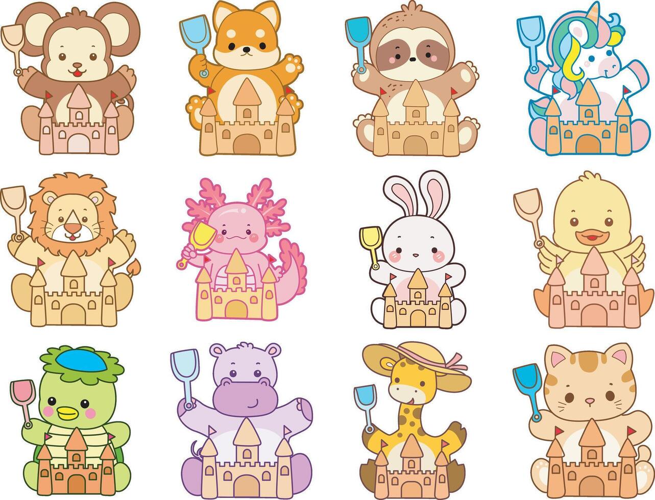 Cartoon animals with sandcastles vector