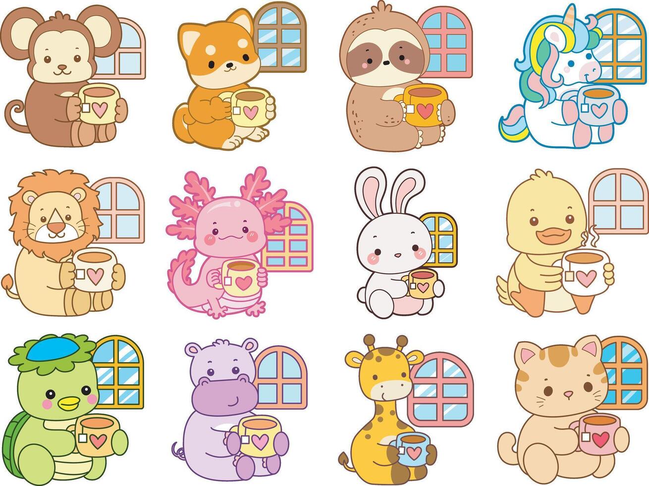 Cute animals with mugs illustration vector