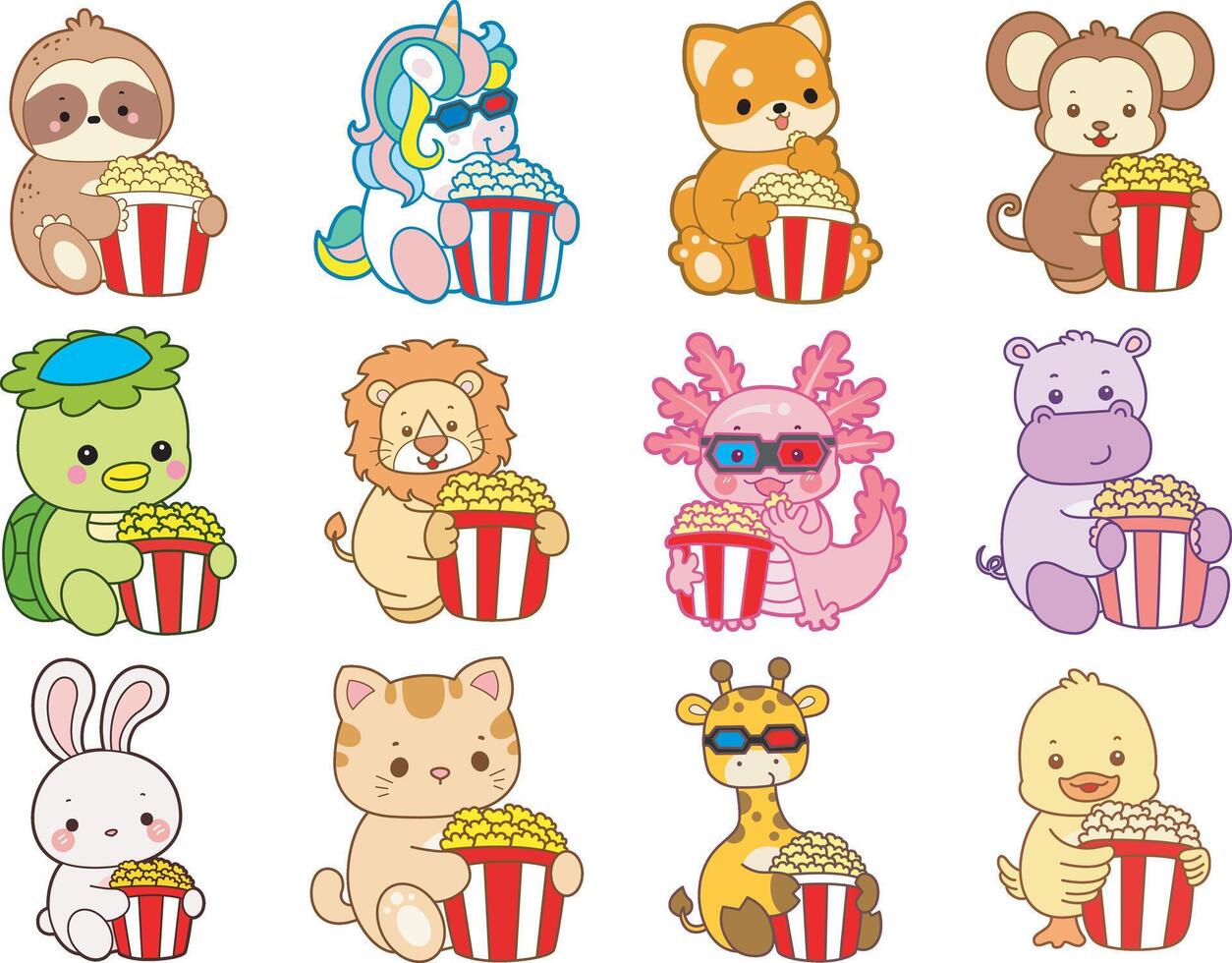 Cute animals with popcorn vector