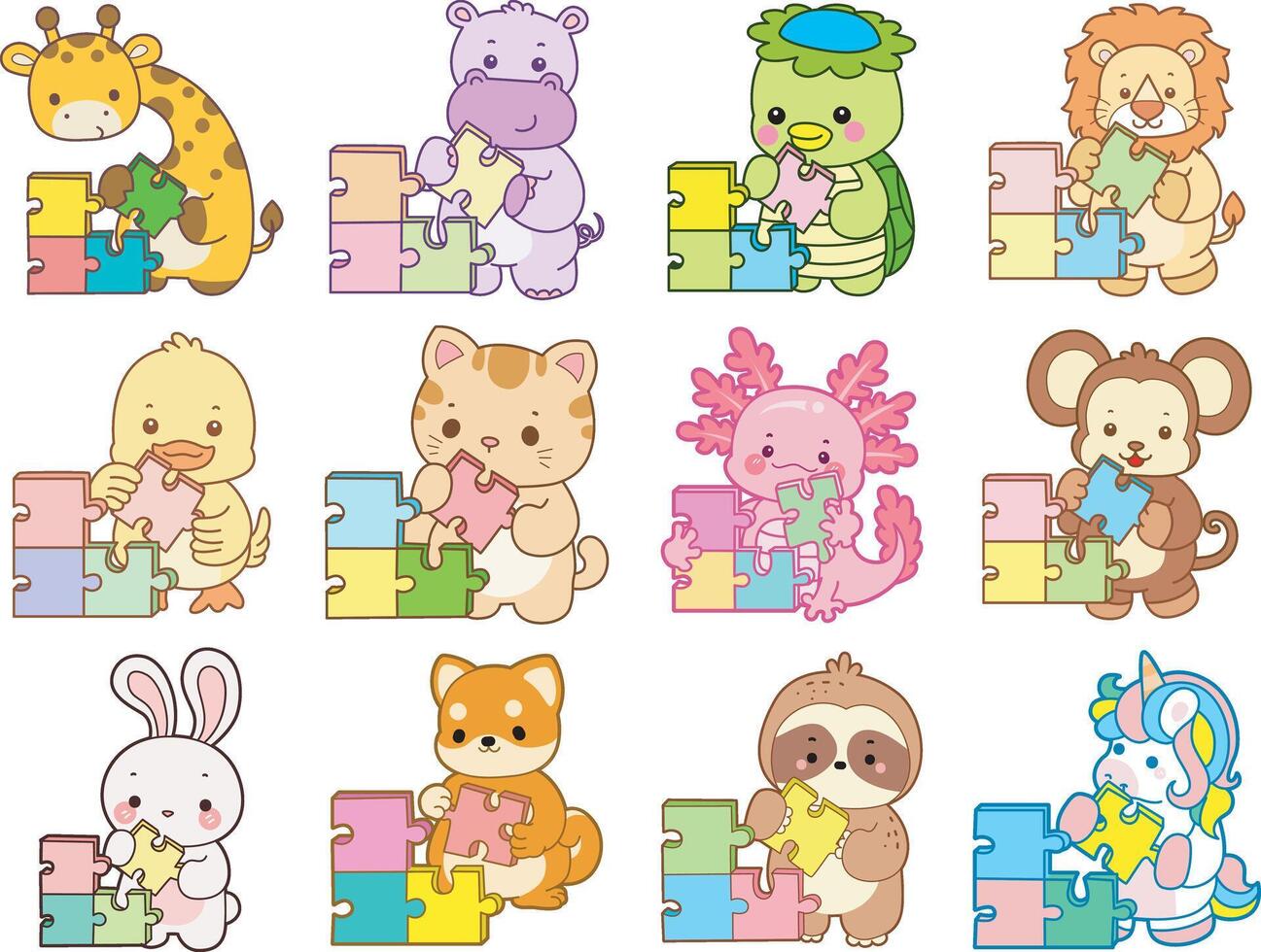 Cartoon animals with colorful puzzles vector