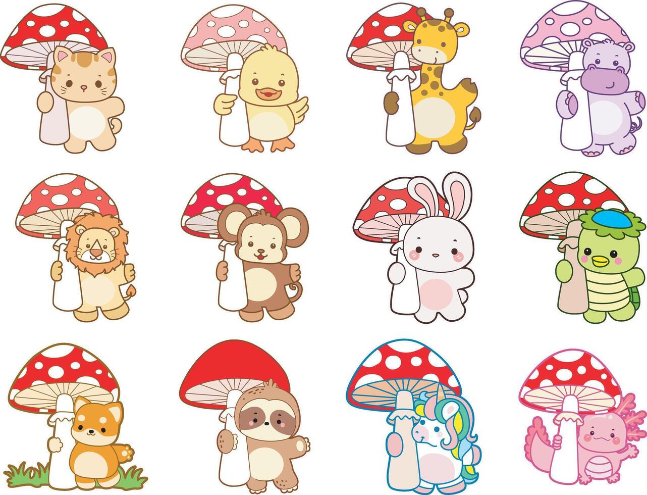 Cute animal characters with mushrooms vector