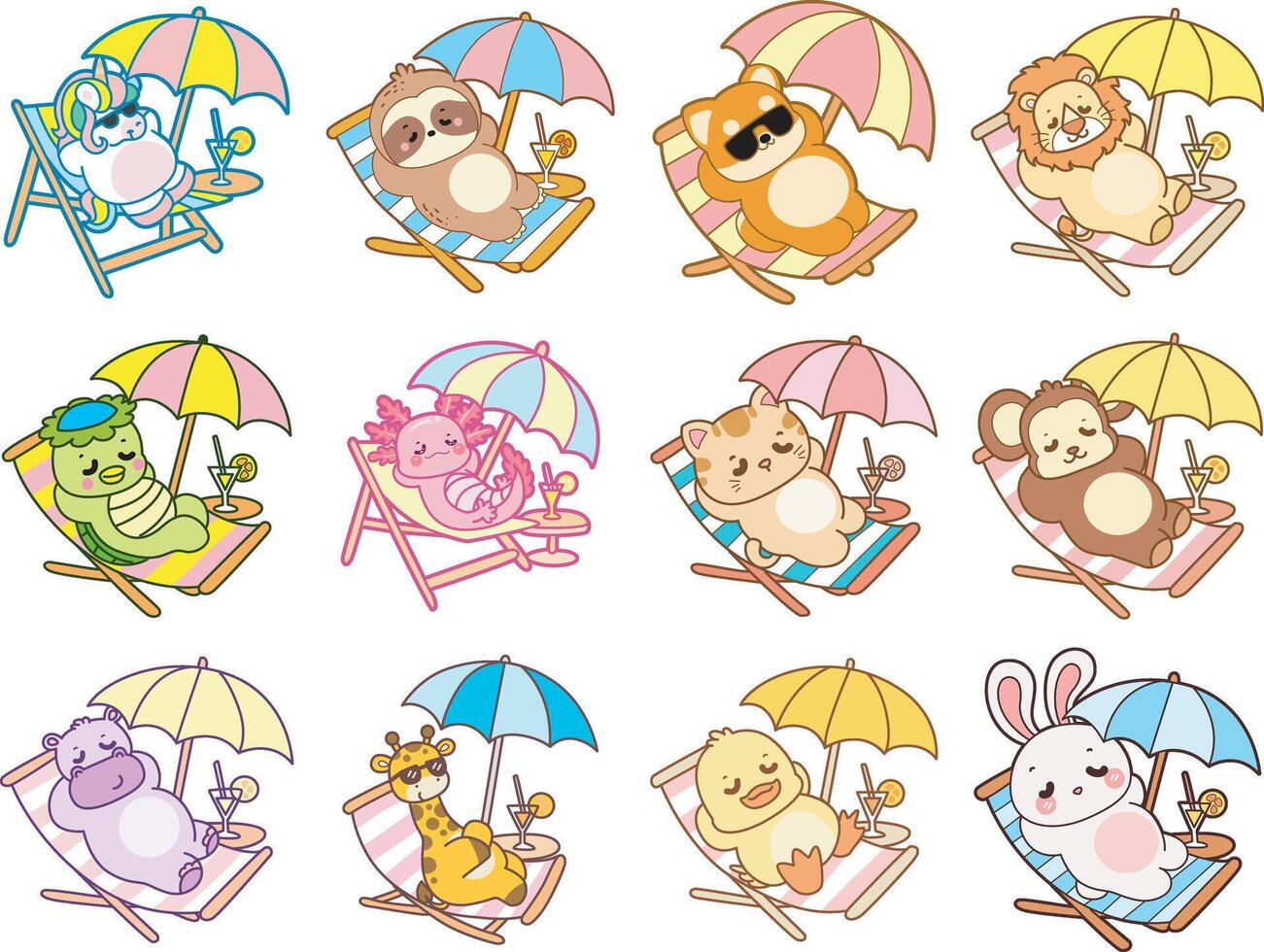 Cartoon animals under umbrellas on beach chairs vector