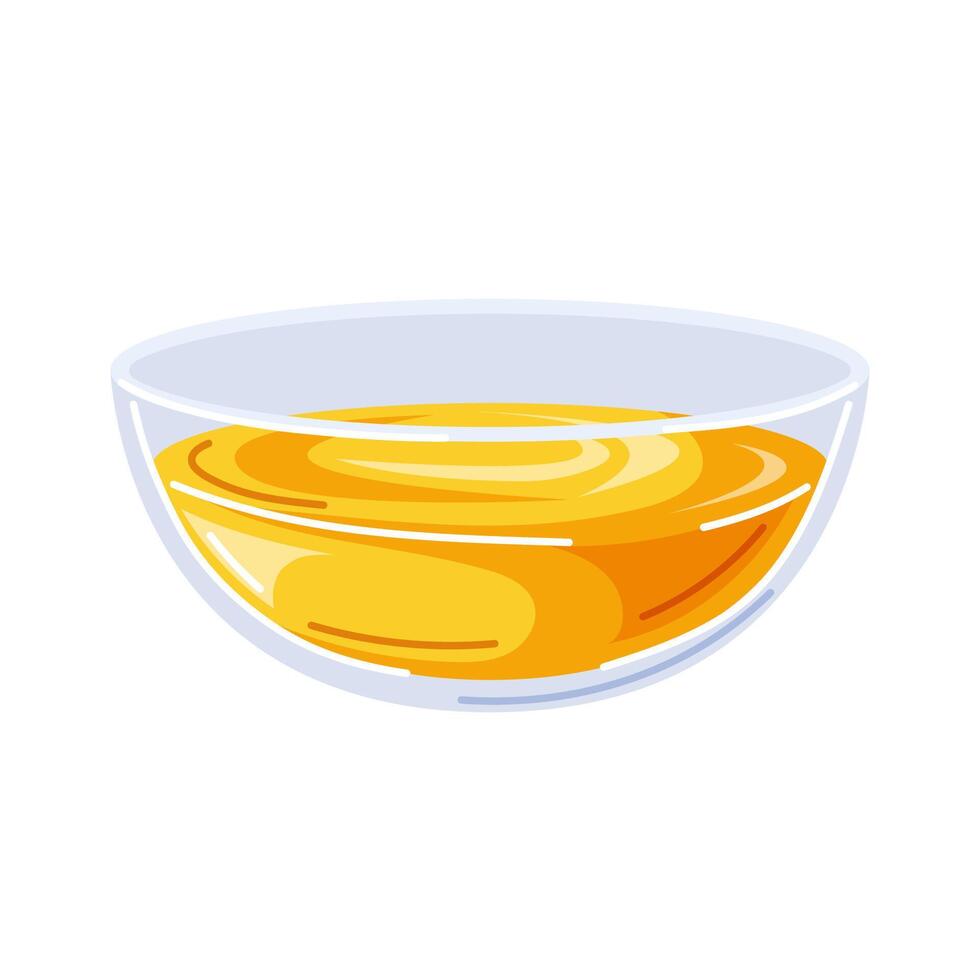 Glass bowl filled with honey in cartoon style. Sweet and thick dessert ingredient isolated on white background. Perfect for food Rosh Hashanah and traditional Jewish theme. vector