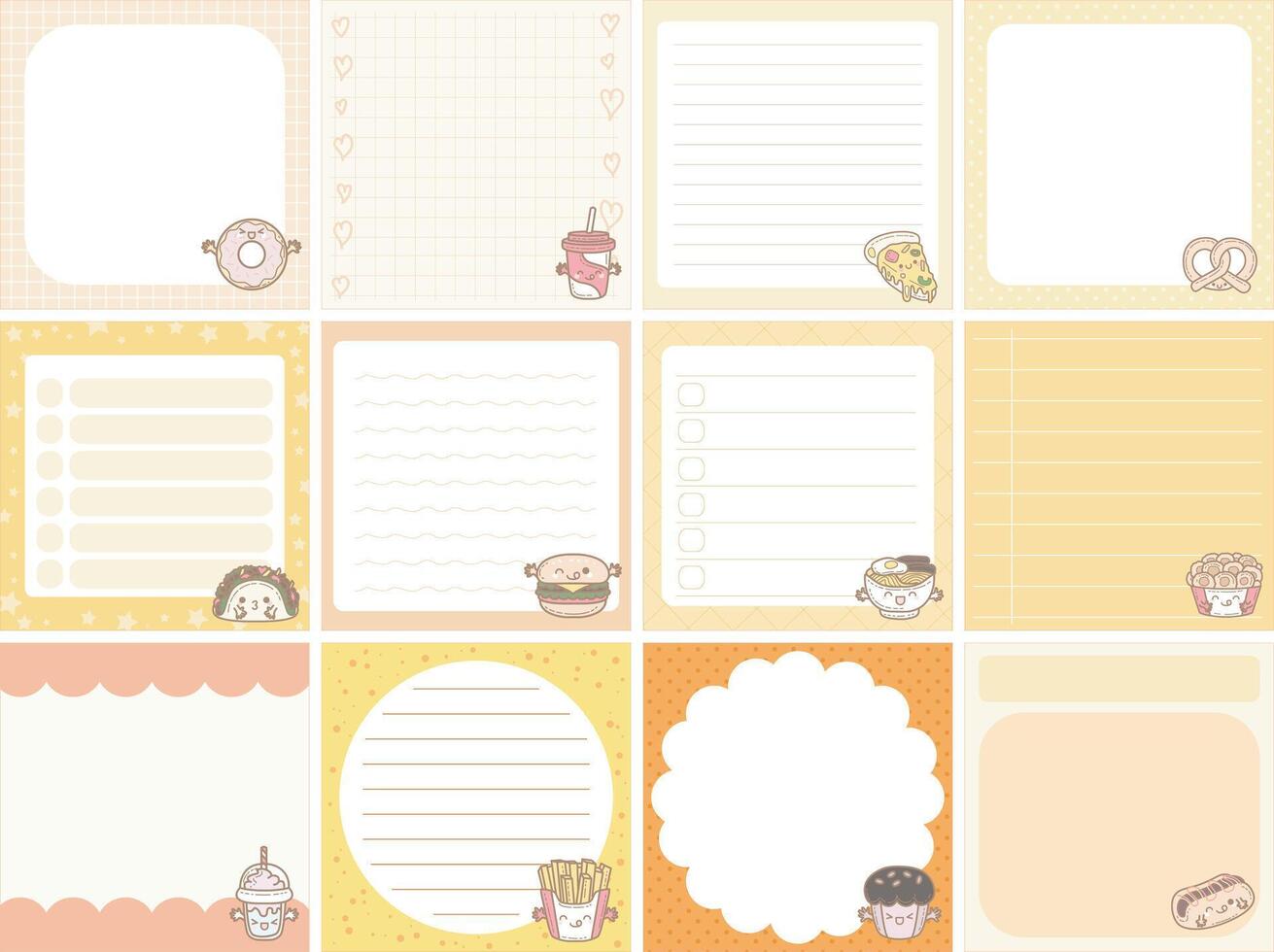 Fast food in the sticky notes. Cute sticky planners with variation of pattern and pastel color. vector