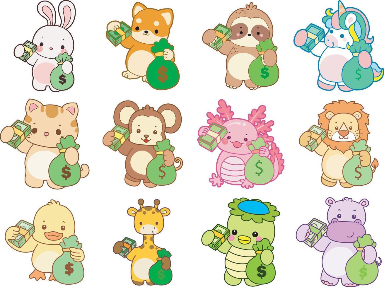 Cute animals with money bags illustration vector