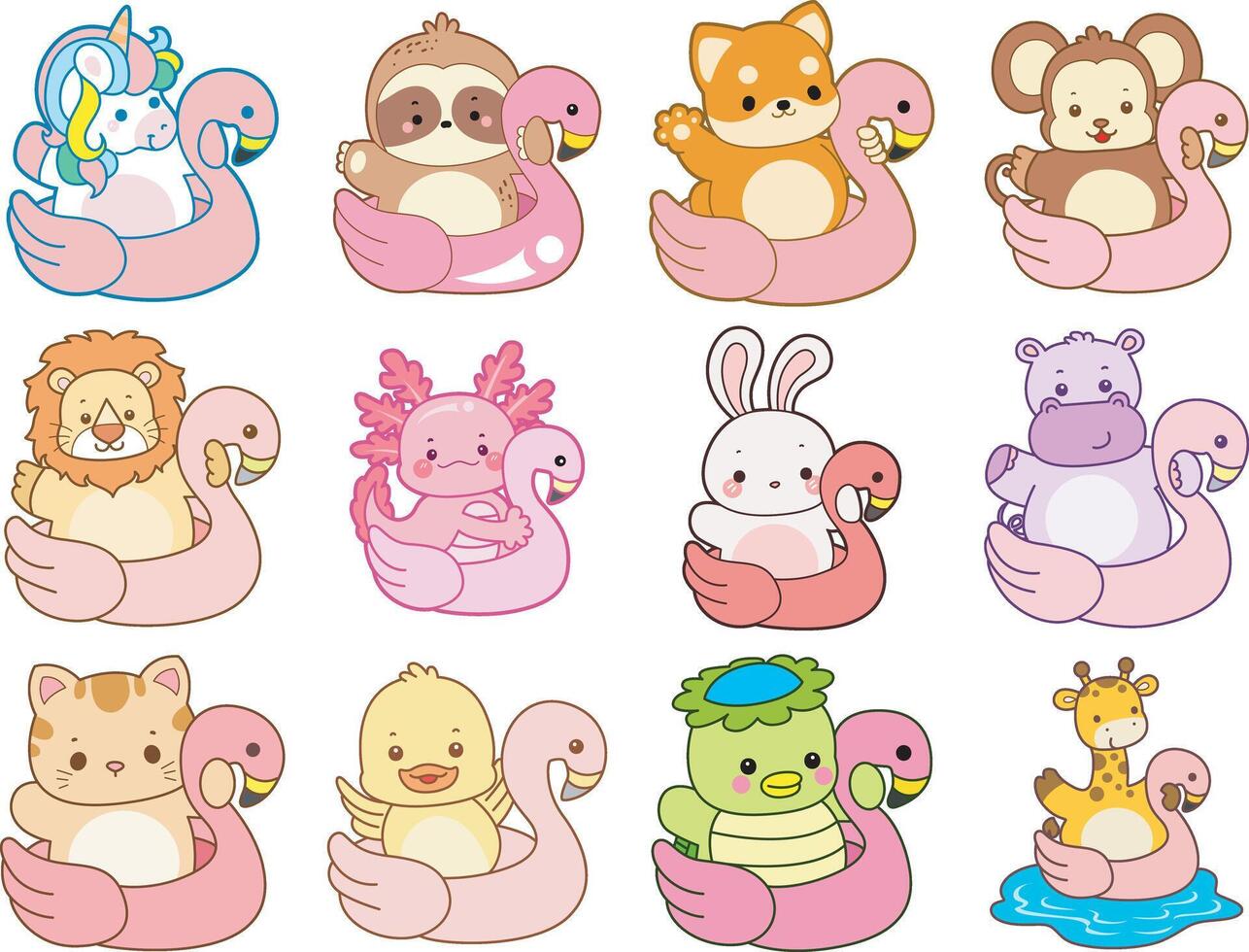 Animals in pink flamingo floaties vector