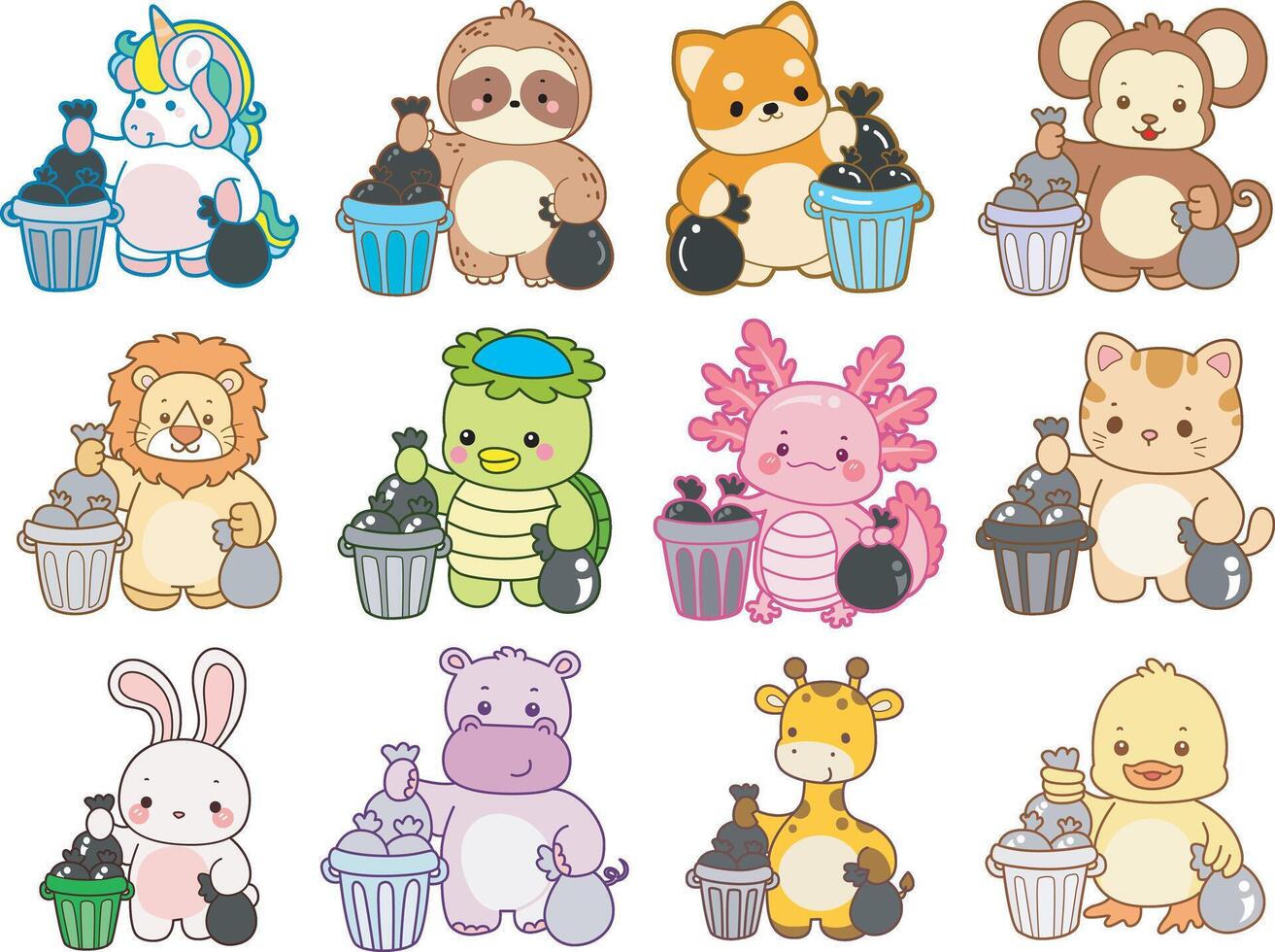 Cartoon animals holding trash cans vector