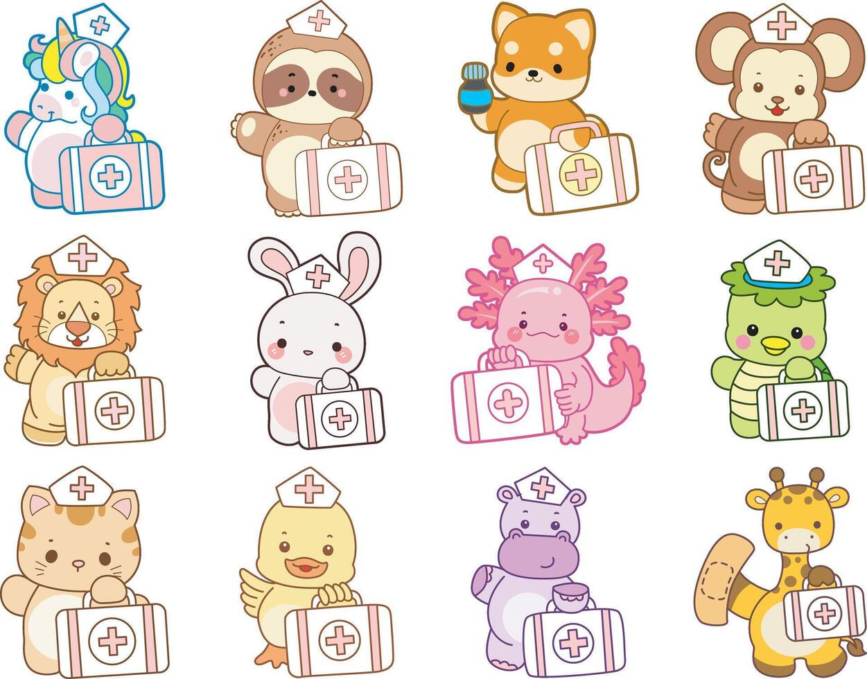 Cartoon animals with medical kits vector