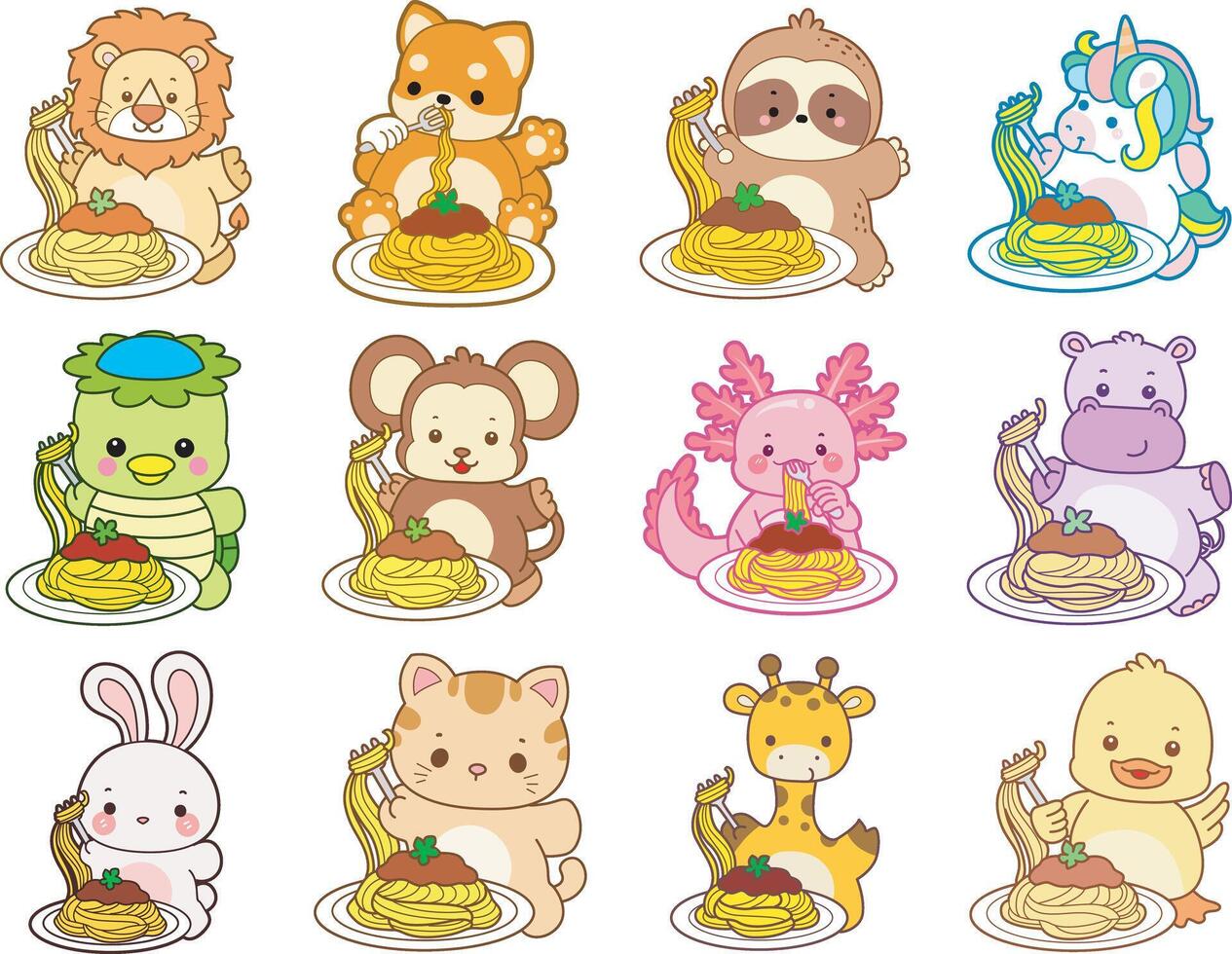 Cartoon animals eating spaghetti vector