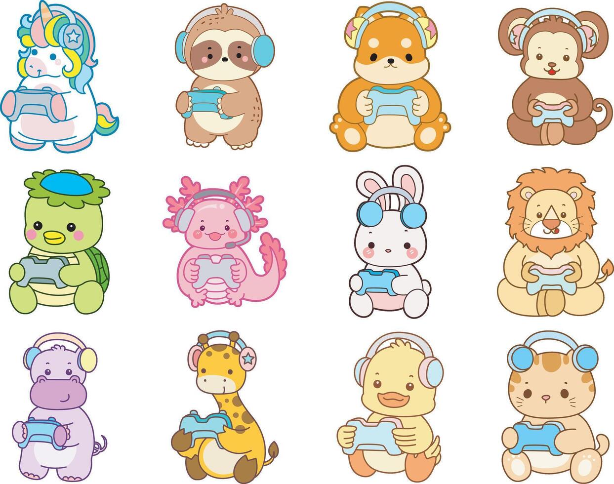 Cartoon animals gaming with controllers vector