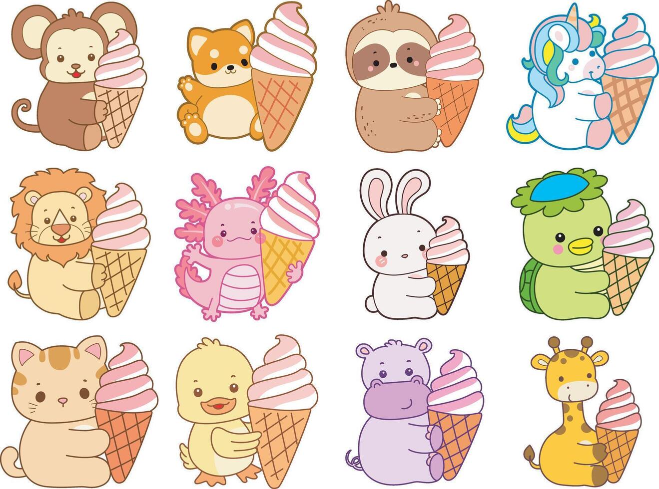 Cartoon animals with ice cream cones vector