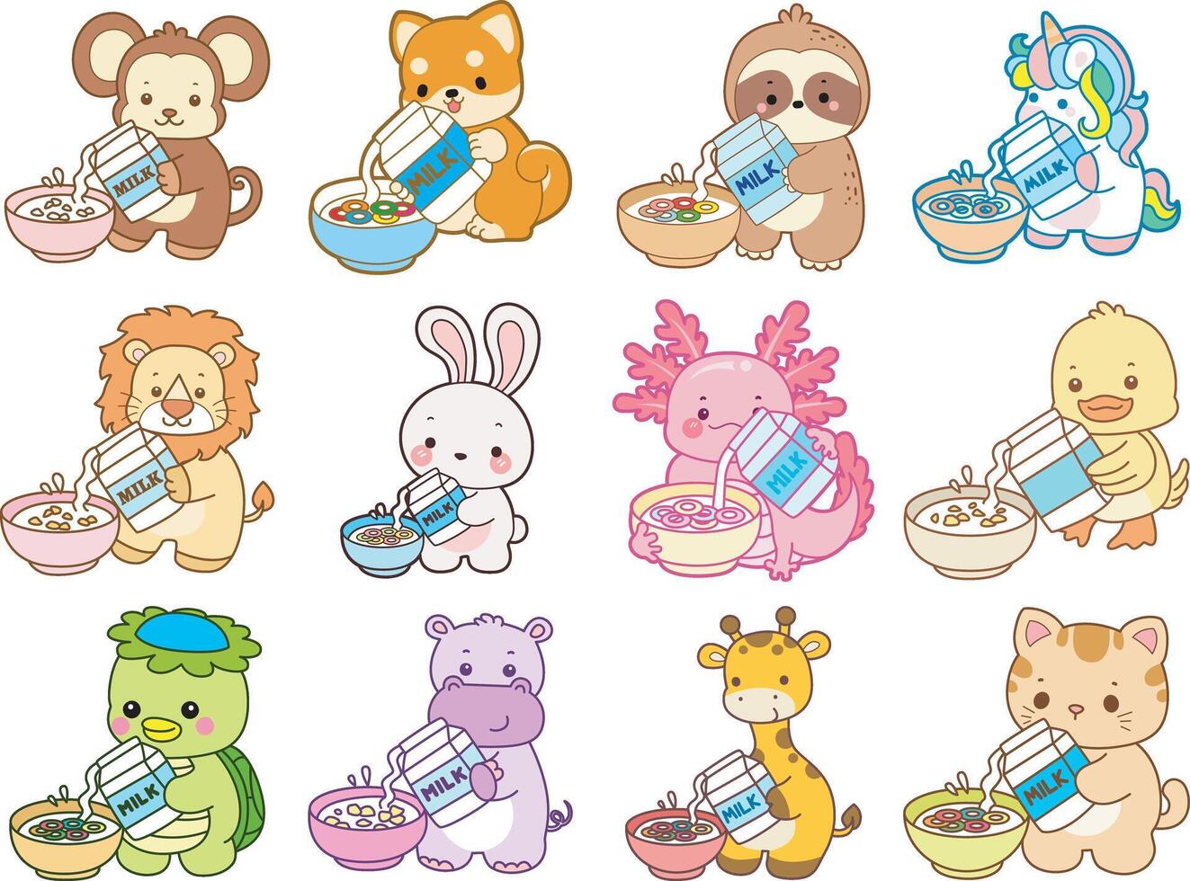 Cute animals drinking milk from bowls vector