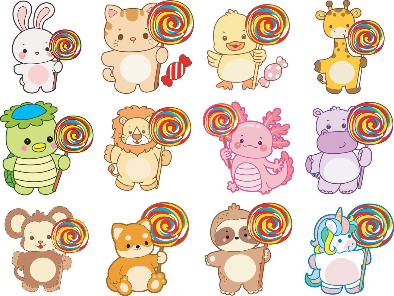 Cartoon animals with colorful lollipops vector