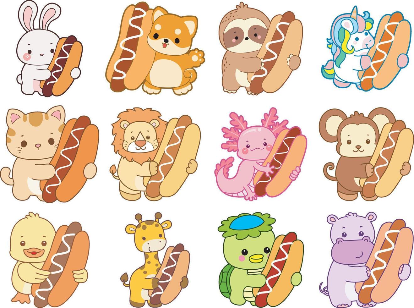 Colorful cartoon animals with hot dogs vector