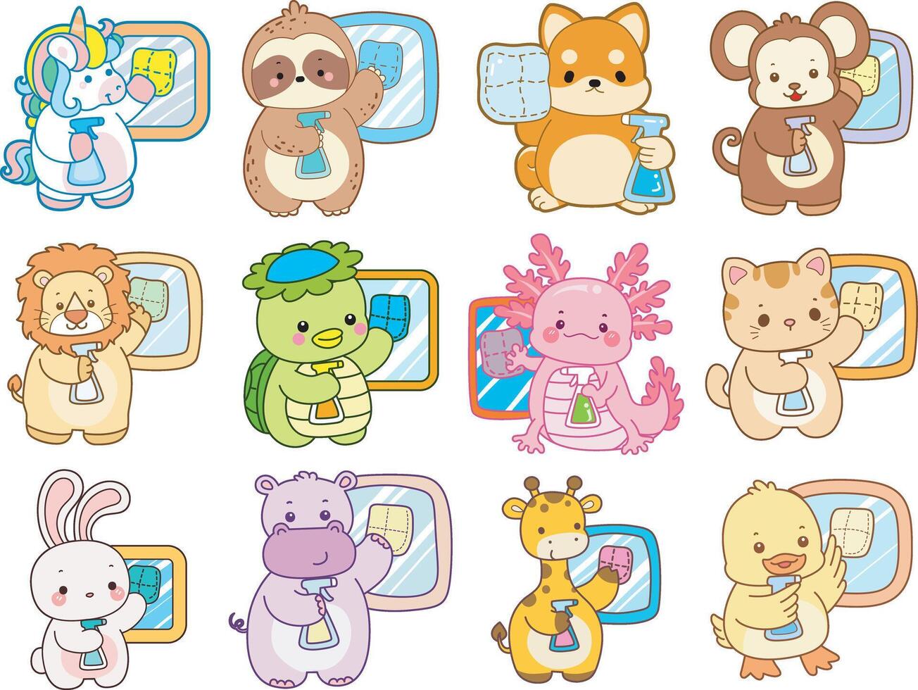 Cartoon animals cleaning with spray bottles vector