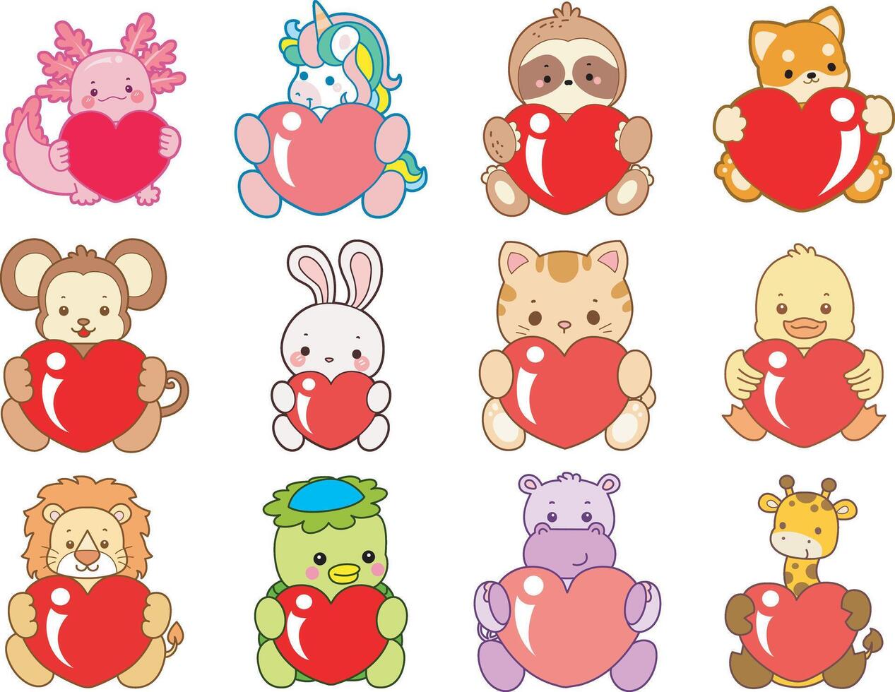 cartoon animals with hearts vector