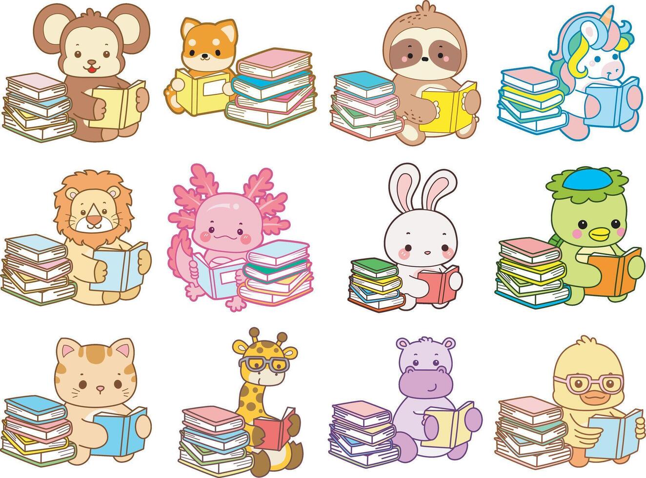 Animals reading books illustration vector