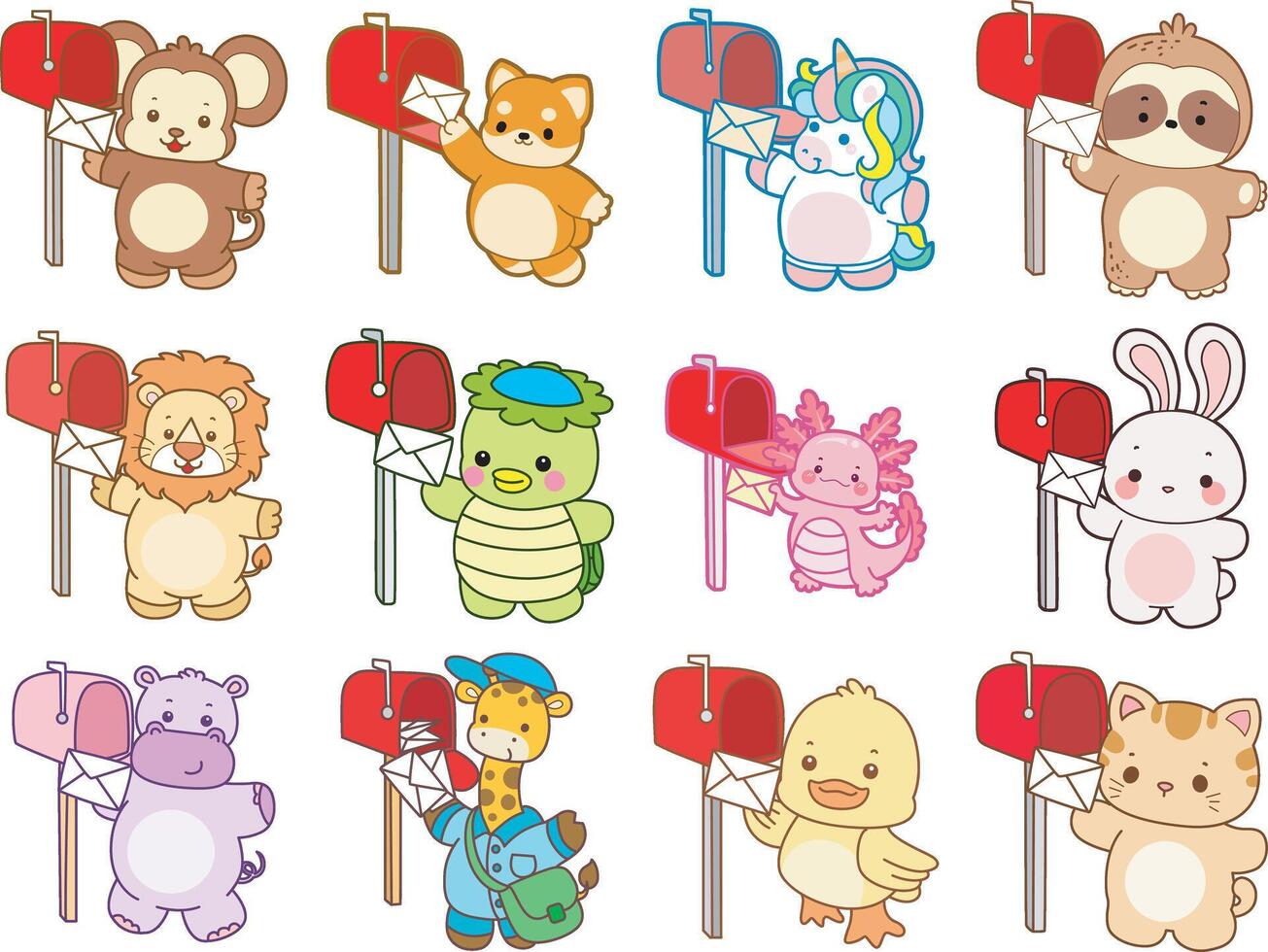 Colorful animal characters with mailboxes vector