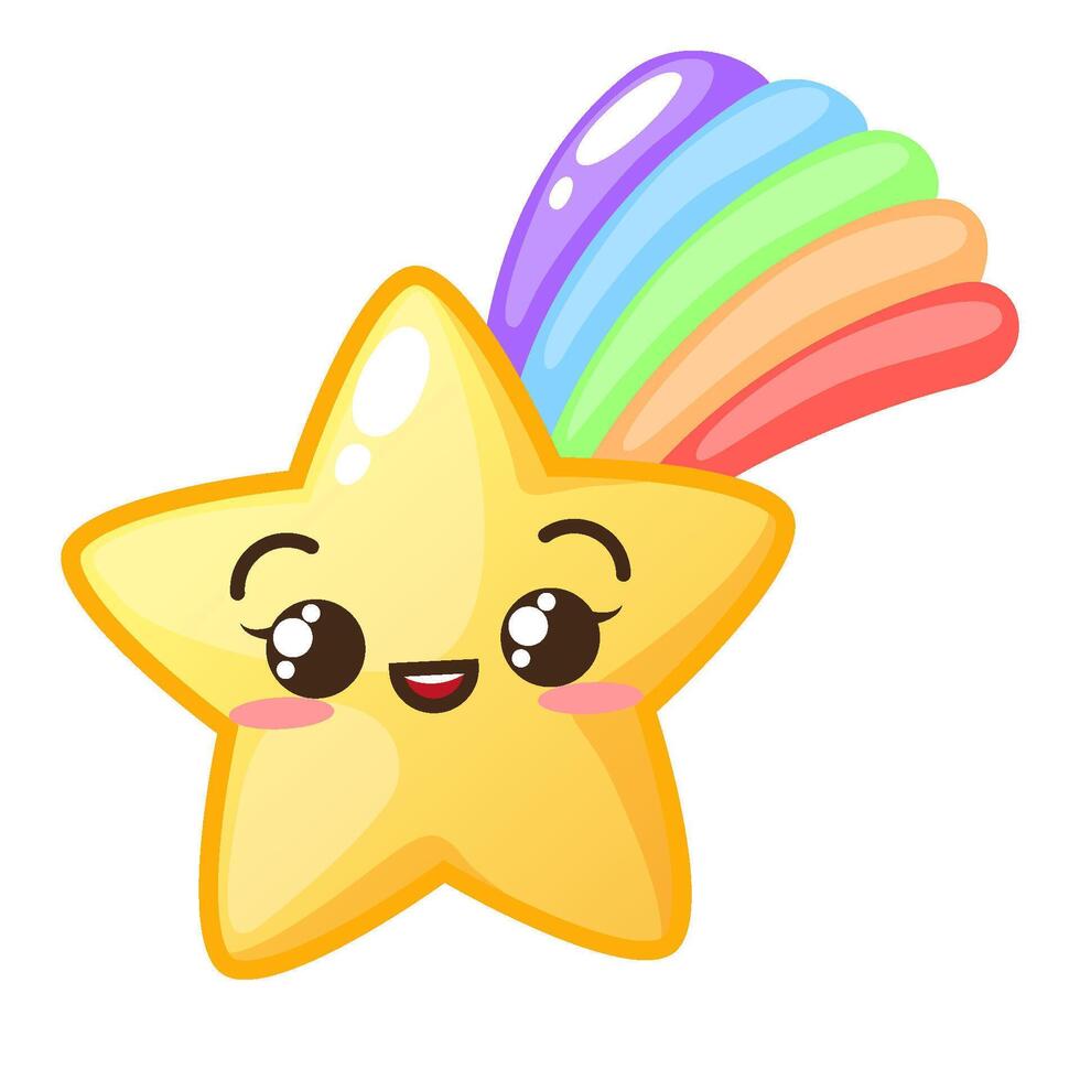 Kawaii falling star character with rainbow tail. Cute cartoon kids icon. illustration isolated on white background vector