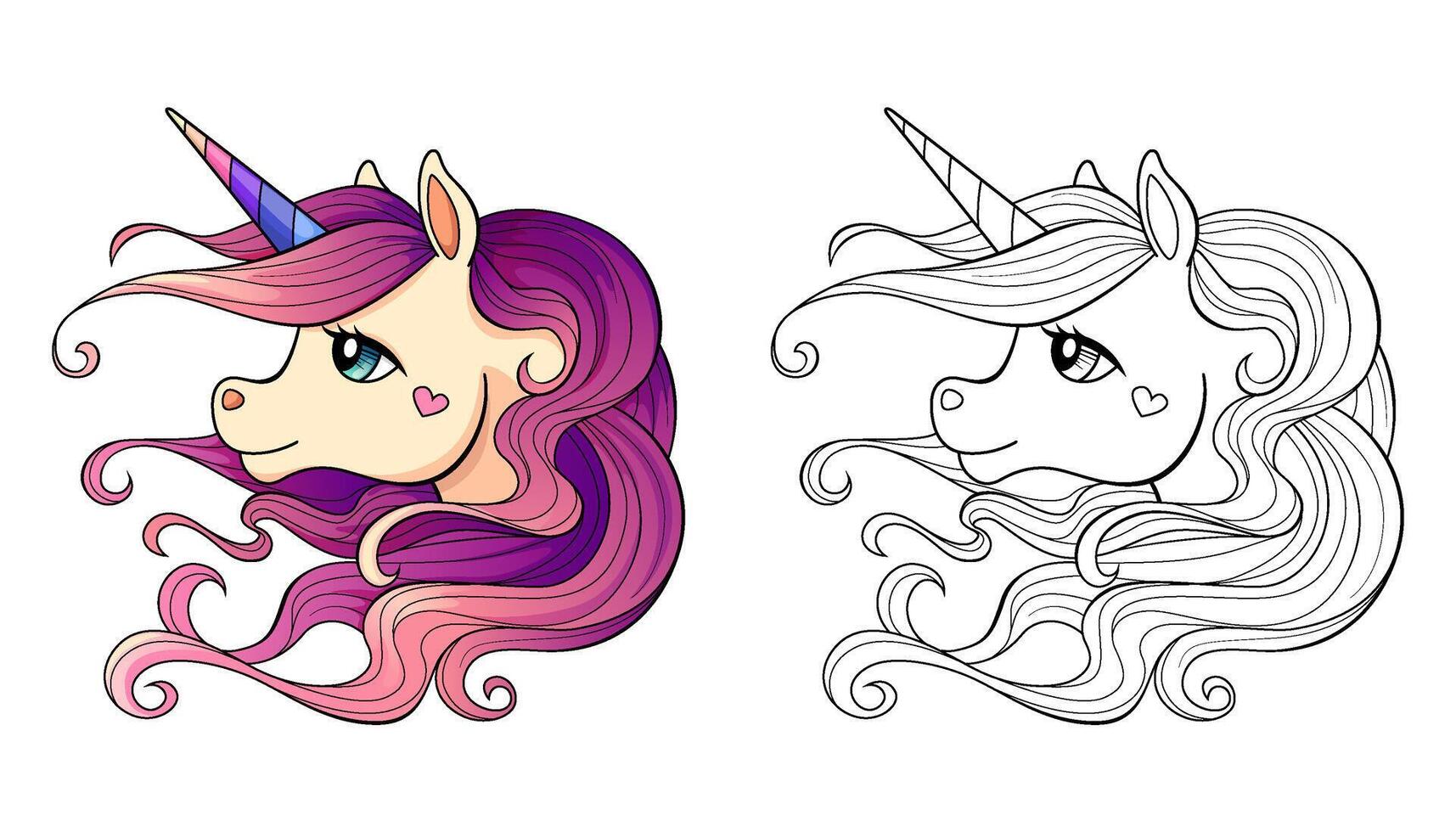 Cute cartoon unicorn head with rainbow horn and long purple mane. Black and white illustration for coloring book with example in color vector