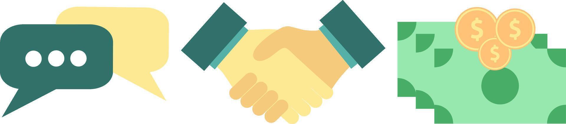 Flat design illustration.Business deal concept with speech bubbles, handshake, and money. vector