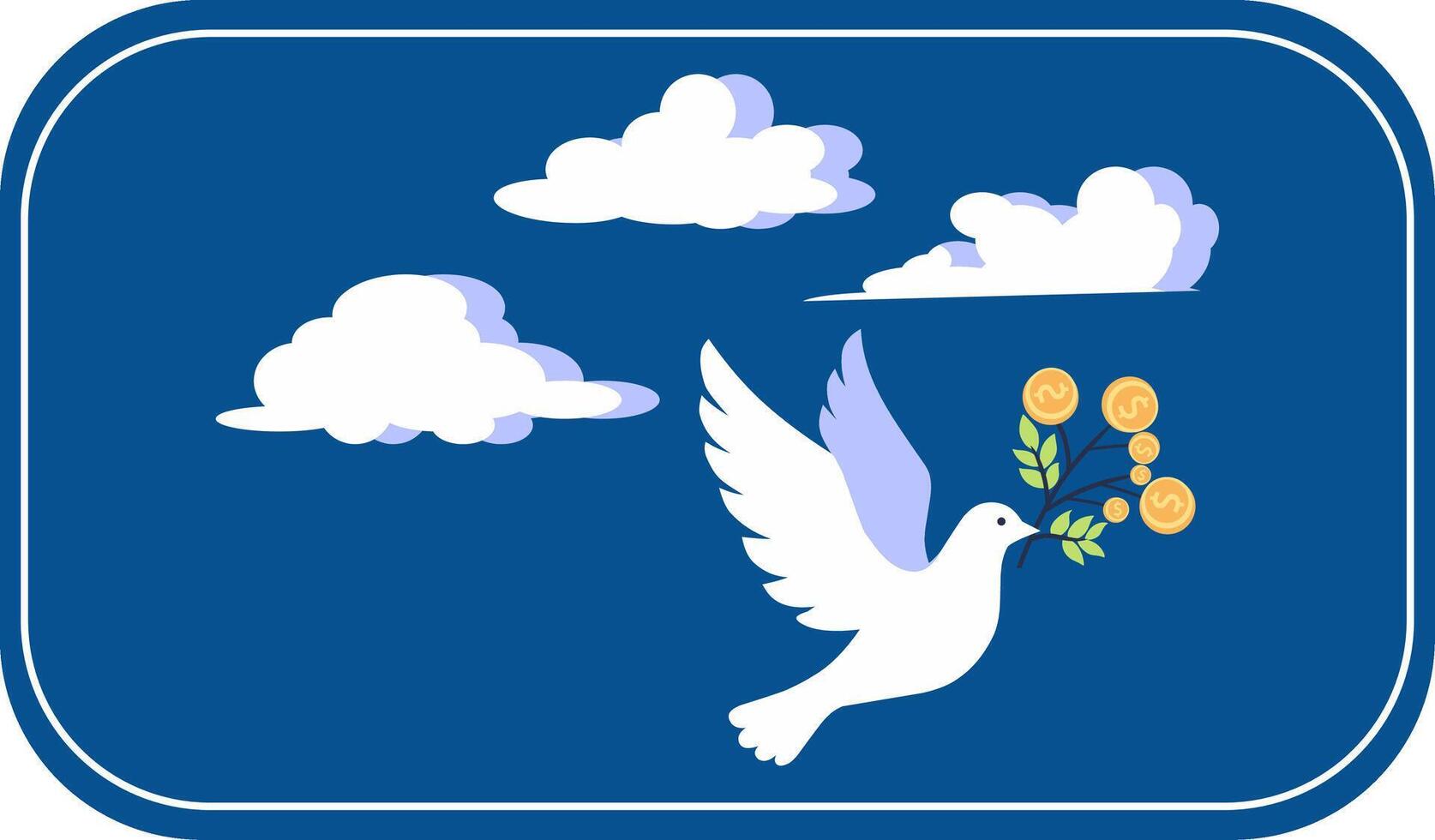 flat design illustration depicts a white dove soaring freely through a cloudy blue sky, carrying a leafy branch adorned with coins, symbolizing financial freedom. vector