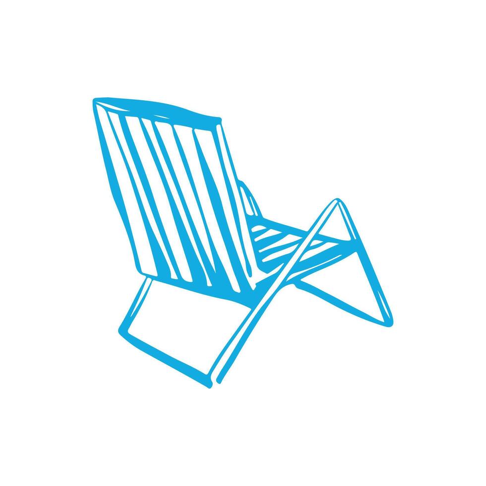Beach lounge chair isolated on white background. Summer illustration of lounge chair for seaside vacation in doodle style. Striped lounge chair icon in blue color vector