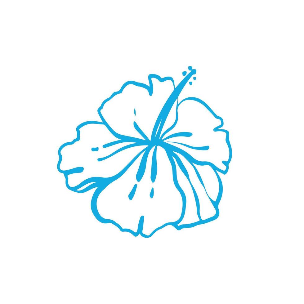 Hibiscus icon isolated on white background. Doodle style illustration in blue color. Tropical flower, exotic hibiscus blossom. Single flower icon for logo, hawaiian print design element. illustration. vector