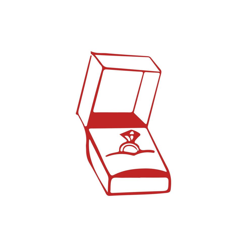 Wedding ring in a box linear drawing. Wedding icon. Marriage proposal. illustration in red color. vector