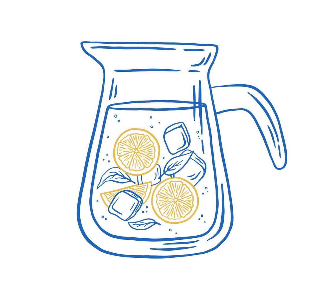 Home made lemonade with ice and lemon slice in the jug illustration. Summer fresh drink on white background. vector