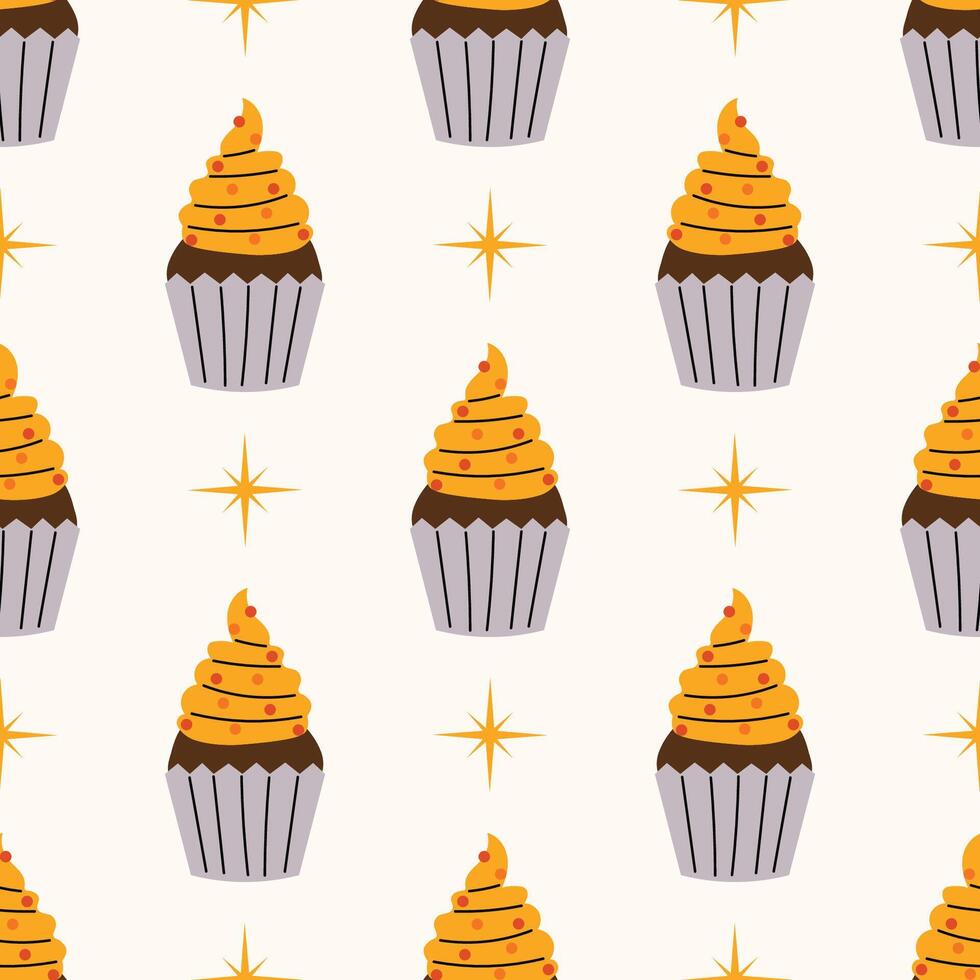 Cute seamless pattern with colorful cupcakes and tiny stars in polka dot order on white background in flat cartoon style. vector