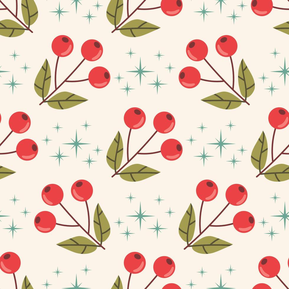 Seamless pattern with red rowan berries branch and stars arranged in polka dot order. vector