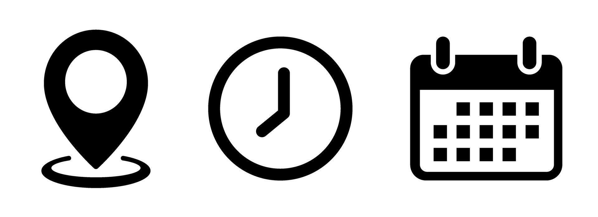 Time, date, and address icon set. Event calendar reminder clock business schedule signs, location pin symbol, place pointer time map elements isolated on transparent. vector