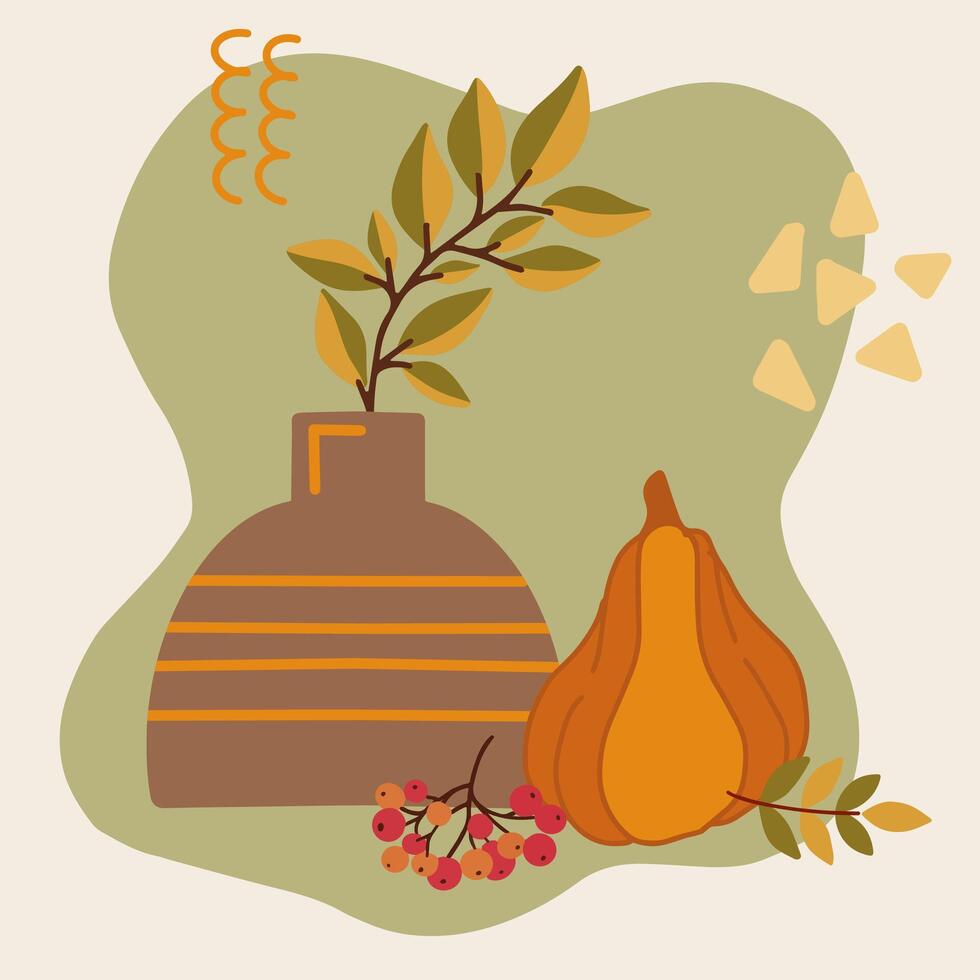 Autumn still life with pumpkin, branches with leaves and vase on olive background. Great for fall design, seasonal branding, social media graphics and holiday packaging vector