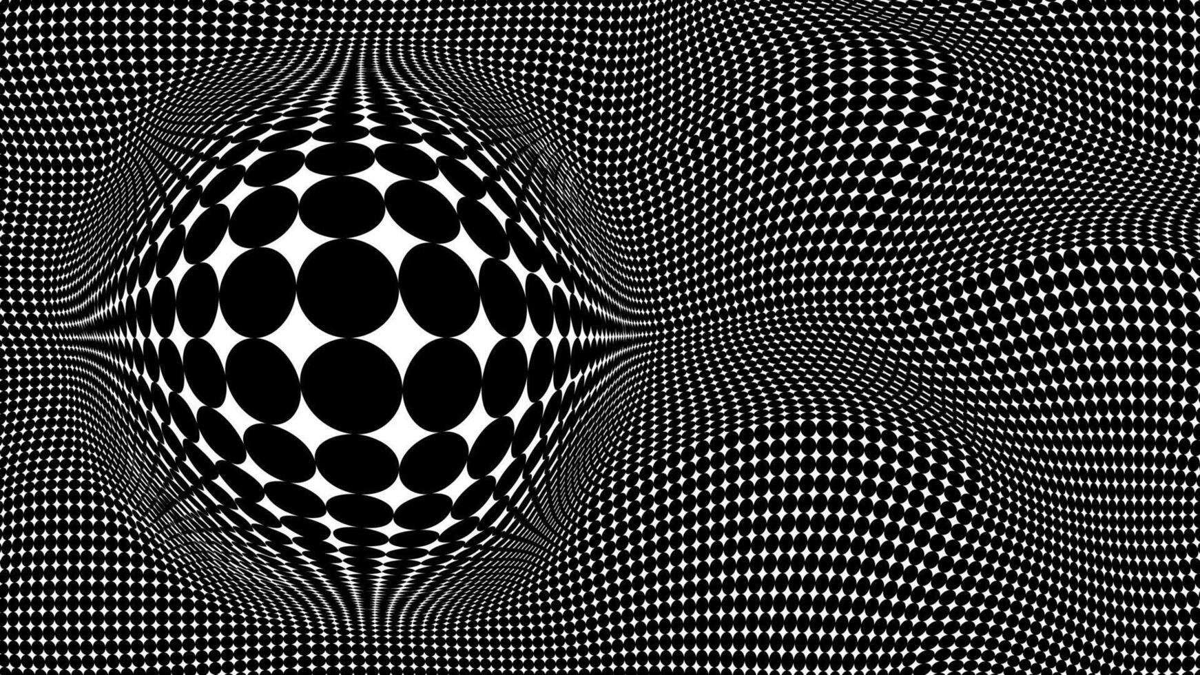 Dynamic black and white optical illusion background featuring warped dot patterns that create a three-dimensional sphere effect in the center. vector