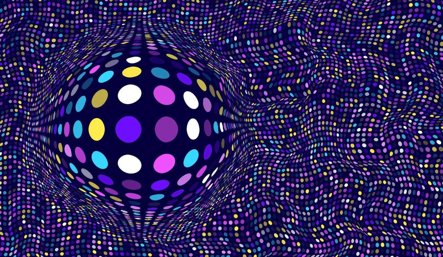 A dark blue background with a distorted, wavy pattern of small colorful dots, featuring a large, embedded sphere with contrasting colorful circles creating an optical illusion. vector