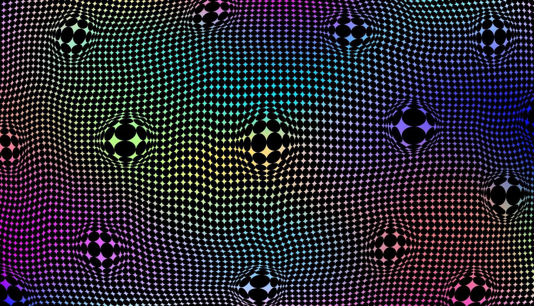 A warped grid of black dots on a vibrant rainbow gradient background with embedded spheres creating a distorted optical illusion effect. Abstract background. vector